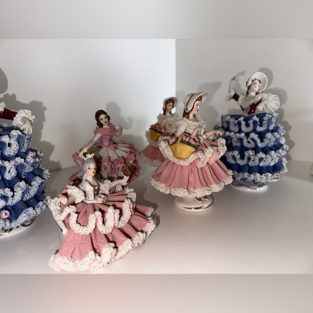 Handmade Porcelain Lace Figurine set with stamps: W-Germany, Karl Klette Dresden